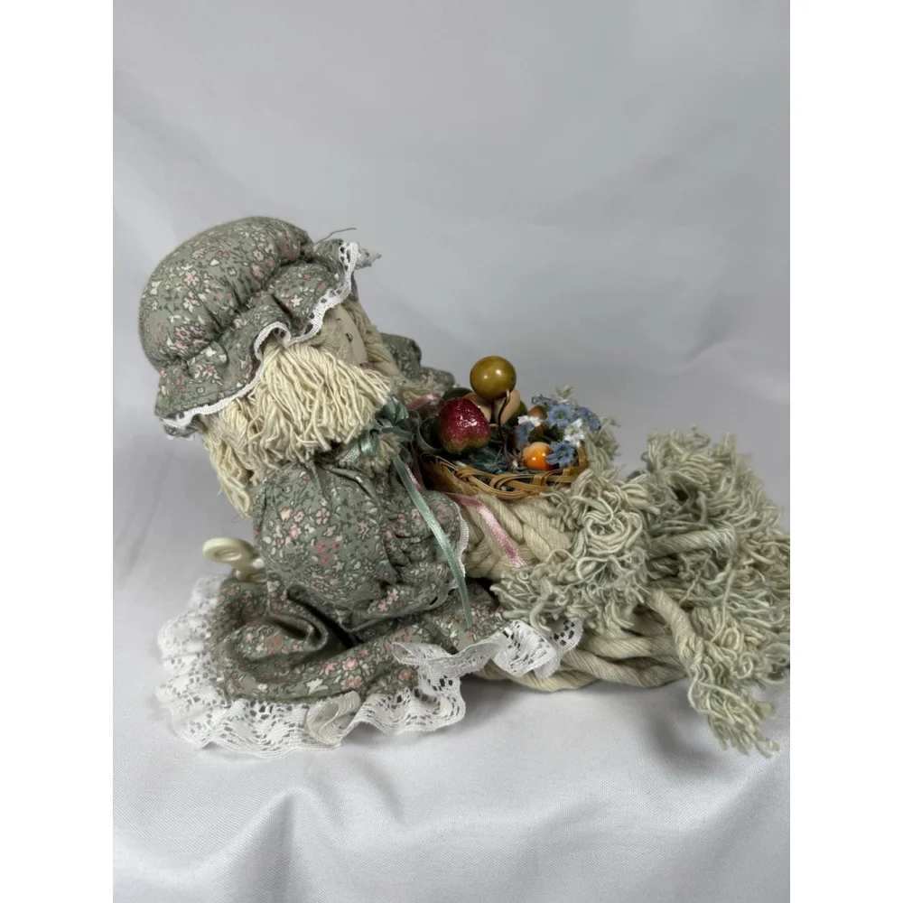 Vintage Mop Doll Shelf Sitter Yarn Porcelain Head WINDS UP PLAYS MUSIC Unique